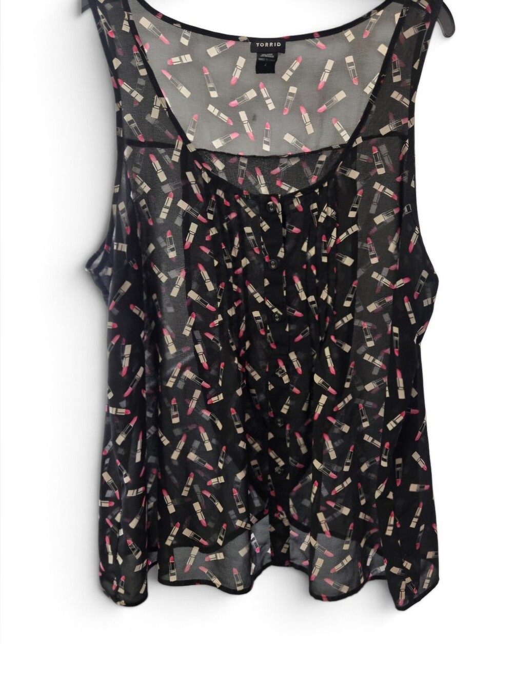Torrid, Size 2, Black sleeveless blouse With all-over Pink Lipstick Pattern